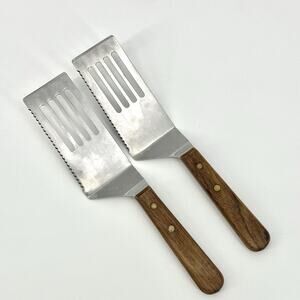 2 Stainless 10.5 in Vtg Japan Slotted Spatulas Offset Serrated Edge Wood Handle